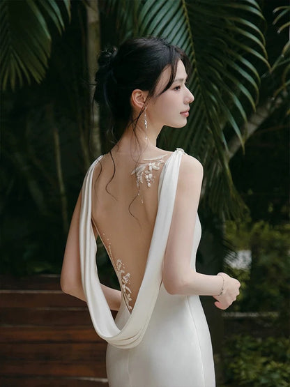 French Style Mermaid Cowl Neck Backless With White Lace Bridal Dress Long Wedding Dresses RB5157