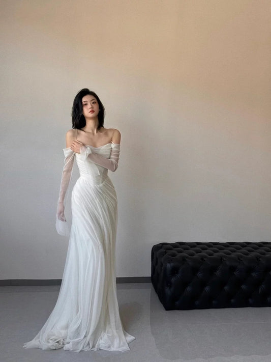 French Style Mermaid Spaghetti Strap With White Long Sleeves Bridal Dress Long Wedding Dresses RB5158