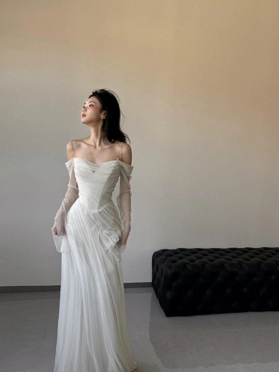 French Style Mermaid Spaghetti Strap With White Long Sleeves Bridal Dress Long Wedding Dresses RB5158