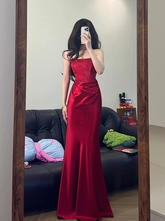 Unique Women's Mermaid Strapless Red Satin Maxi Dress Date Night Outfits Outdoor Semi Formal Wedding Guest Dresses RB5160