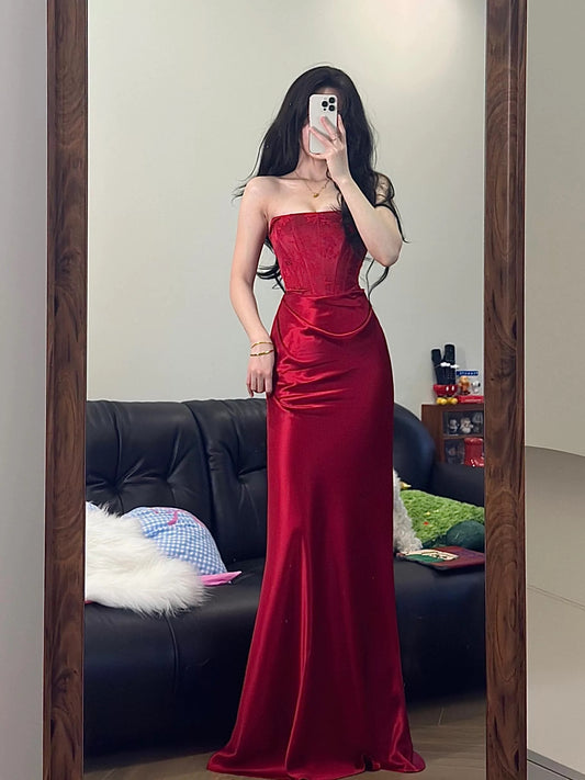 Unique Women's Mermaid Strapless Red Satin Maxi Dress Date Night Outfits Outdoor Semi Formal Wedding Guest Dresses RB5160