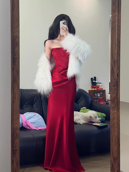 Unique Women's Mermaid Strapless Red Satin Maxi Dress Date Night Outfits Outdoor Semi Formal Wedding Guest Dresses RB5160