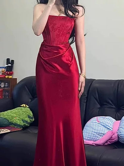 Unique Women's Mermaid Strapless Red Satin Maxi Dress Date Night Outfits Outdoor Semi Formal Wedding Guest Dresses RB5160