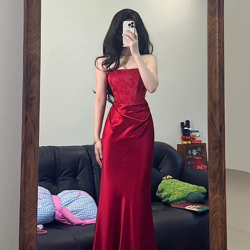 Unique Women's Mermaid Strapless Red Satin Maxi Dress Date Night Outfits Outdoor Semi Formal Wedding Guest Dresses RB5160