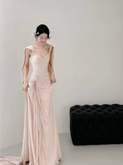 Stylish Mermaid Sweetheart Pink With Folded Satin Long Floor Length Evening Dresses Inspo Evening Outfits RB5161