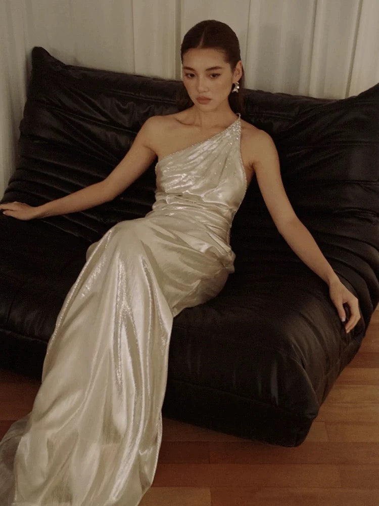 Sparkly Mermaid One Shoulder Sequined With Folded Long Floor Length Evening Dresses Inspo Evening Outfits RB5162