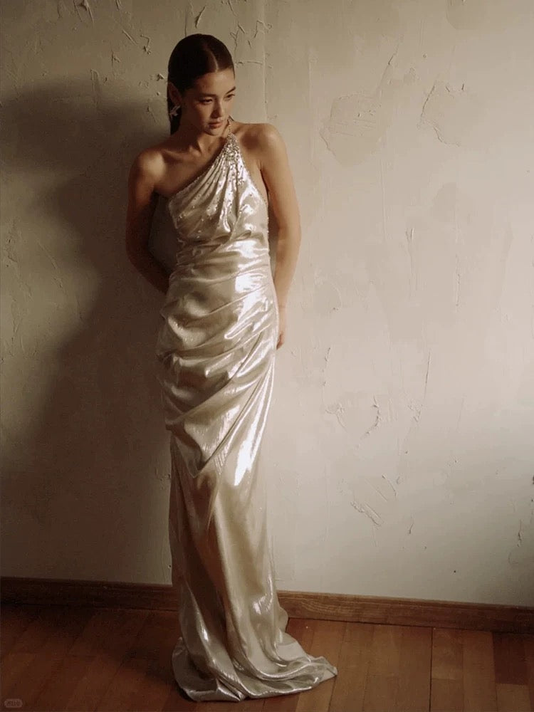 Sparkly Mermaid One Shoulder Sequined With Folded Long Floor Length Evening Dresses Inspo Evening Outfits RB5162