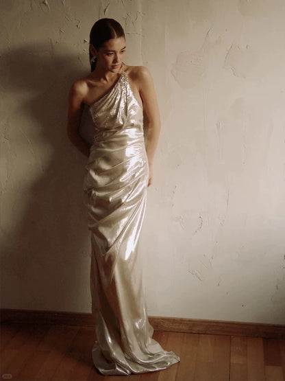 Sparkly Mermaid One Shoulder Sequined With Folded Long Floor Length Evening Dresses Inspo Evening Outfits RB5162