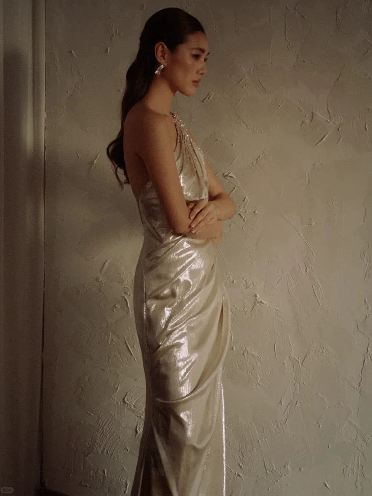 Sparkly Mermaid One Shoulder Sequined With Folded Long Floor Length Evening Dresses Inspo Evening Outfits RB5162