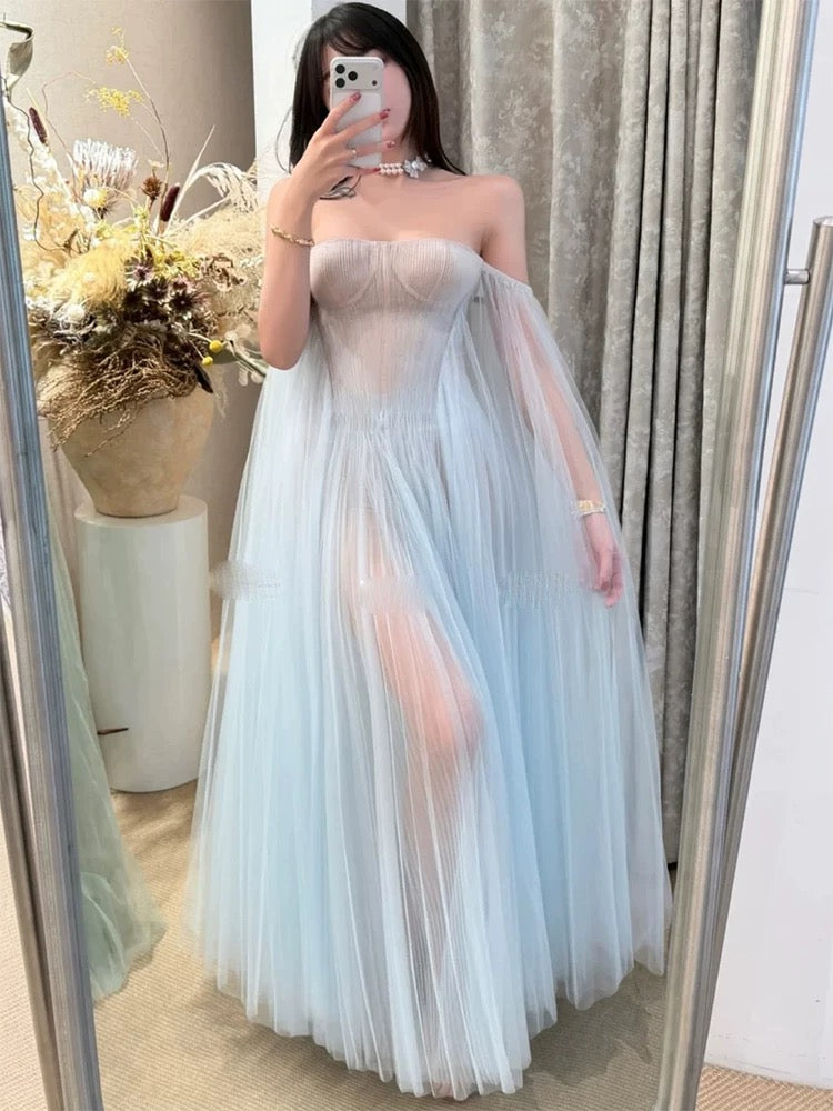 Sexy Prom Dresses A Line Off The Shoulder Light Sky Blue Tulle With Pleated Long Formal Dress N3161