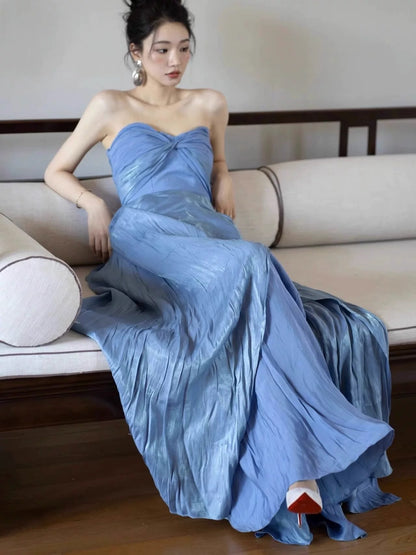 Schlichtes Ballkleid A-Linie Herz-Ausschnitt Blau mit plissiertem, langem Abendkleid N3163