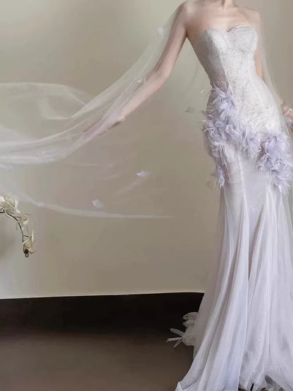 Einfache Ballkleider Meerjungfrau Sweetheart Flieder Tüll mit Federn Abendkleid N3167