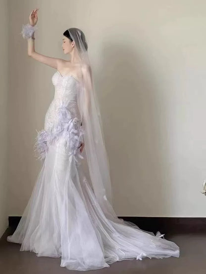 Einfache Ballkleider Meerjungfrau Sweetheart Flieder Tüll mit Federn Abendkleid N3167