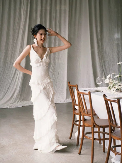 Unique Wedding Dresses Sheath V Neck White Chiffon French Style Long Bridal Gown N3168