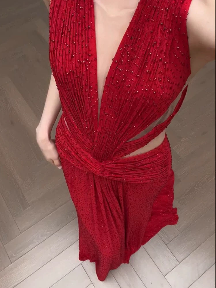 Schlichtes Ballkleid Meerjungfrau-Stil V-Ausschnitt Rot Pailletten Perlen Langes Abendkleid N3169