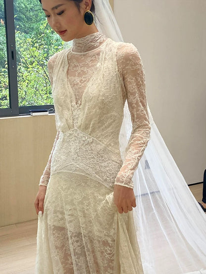 Einzigartige Brautkleider Scheide Hoher Ausschnitt Spitze Mit Ärmeln Weiß Französischer Stil Langes Brautkleid N3171