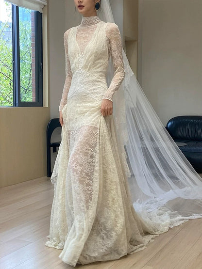 Einzigartige Brautkleider Scheide Hoher Ausschnitt Spitze Mit Ärmeln Weiß Französischer Stil Langes Brautkleid N3171