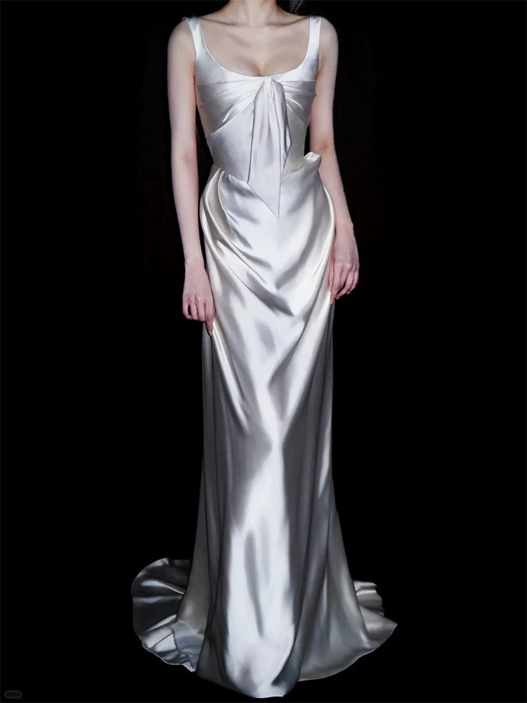 Robes de mariée uniques, fourreau, col carré, en satin blanc, style français, longue robe de mariée N3173