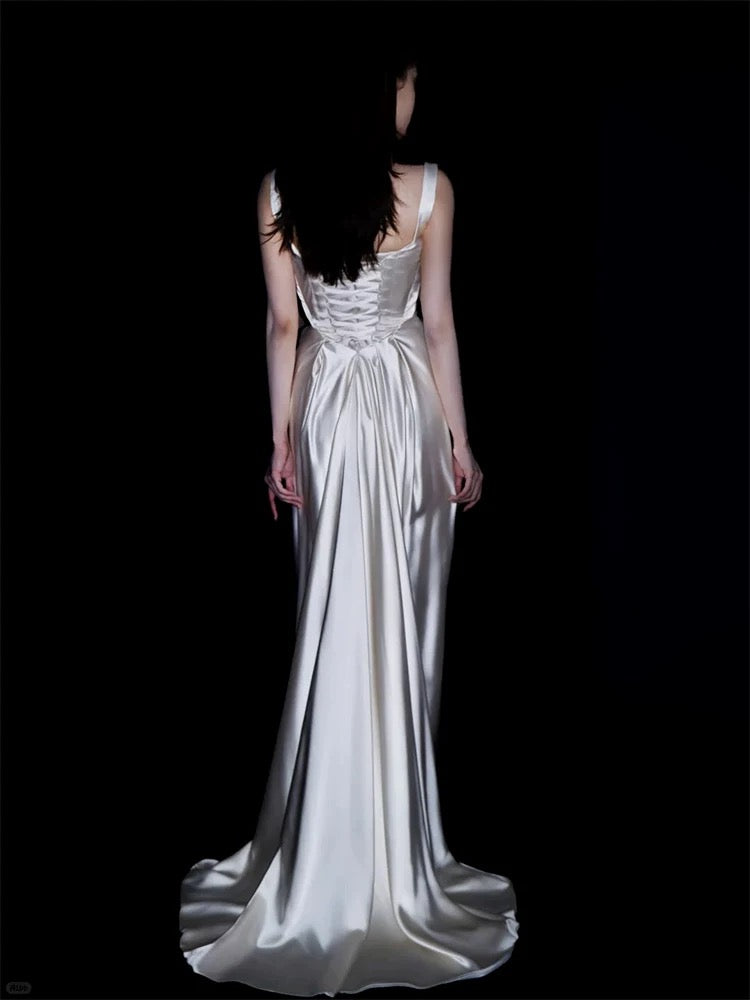 Robes de mariée uniques, fourreau, col carré, en satin blanc, style français, longue robe de mariée N3173