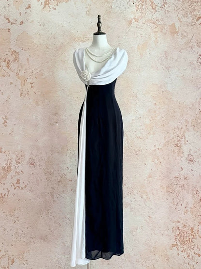 Einfache Abschlussballkleider A-Linie Schwarz Weiß Chiffon mit Blume Langes Ballkleid N3174