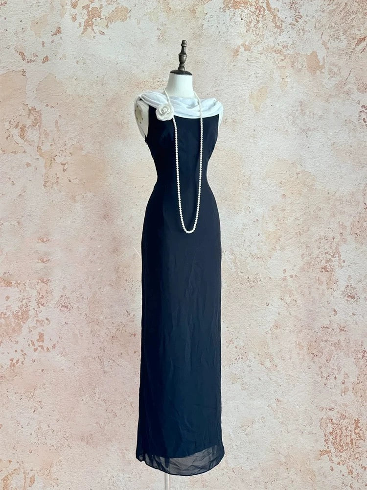 Einfache Abschlussballkleider A-Linie Schwarz Weiß Chiffon mit Blume Langes Ballkleid N3174