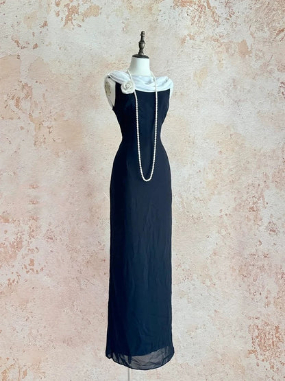 Einfache Abschlussballkleider A-Linie Schwarz Weiß Chiffon mit Blume Langes Ballkleid N3174