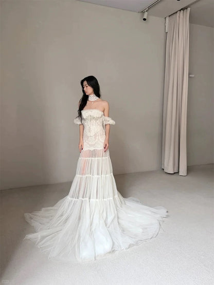 Robes de mariée uniques, style sirène, bustier, tulle, dentelle blanche, robe de mariée longue de style français N3176