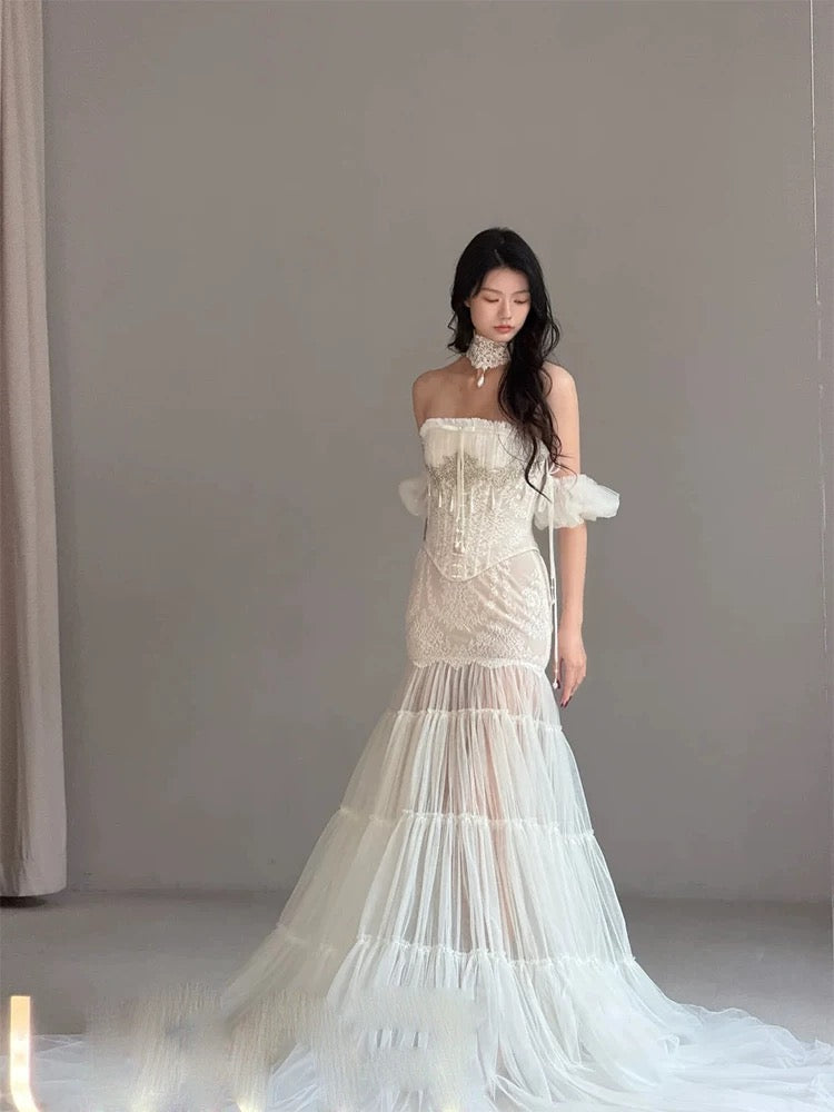Robes de mariée uniques, style sirène, bustier, tulle, dentelle blanche, robe de mariée longue de style français N3176