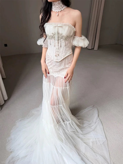 Robes de mariée uniques, style sirène, bustier, tulle, dentelle blanche, robe de mariée longue de style français N3176