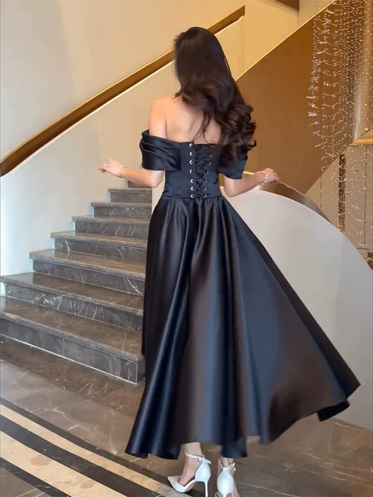 Simple Prom Dresses A Line Off The Shoulder Black Satin Mid Length Women Formal Dress N3178