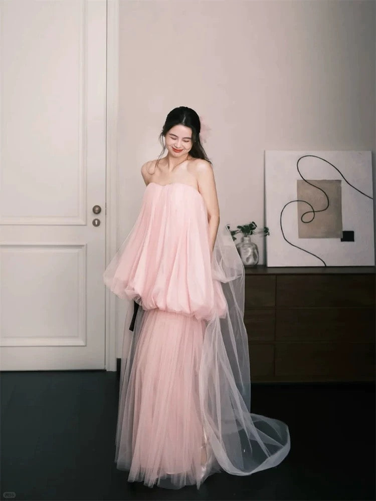 Robes de bal simples, ligne A, bustier, tulle rose, sans manches, robe de soirée femme N3179