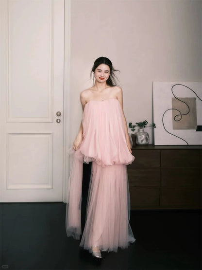 Robes de bal simples, ligne A, bustier, tulle rose, sans manches, robe de soirée femme N3179