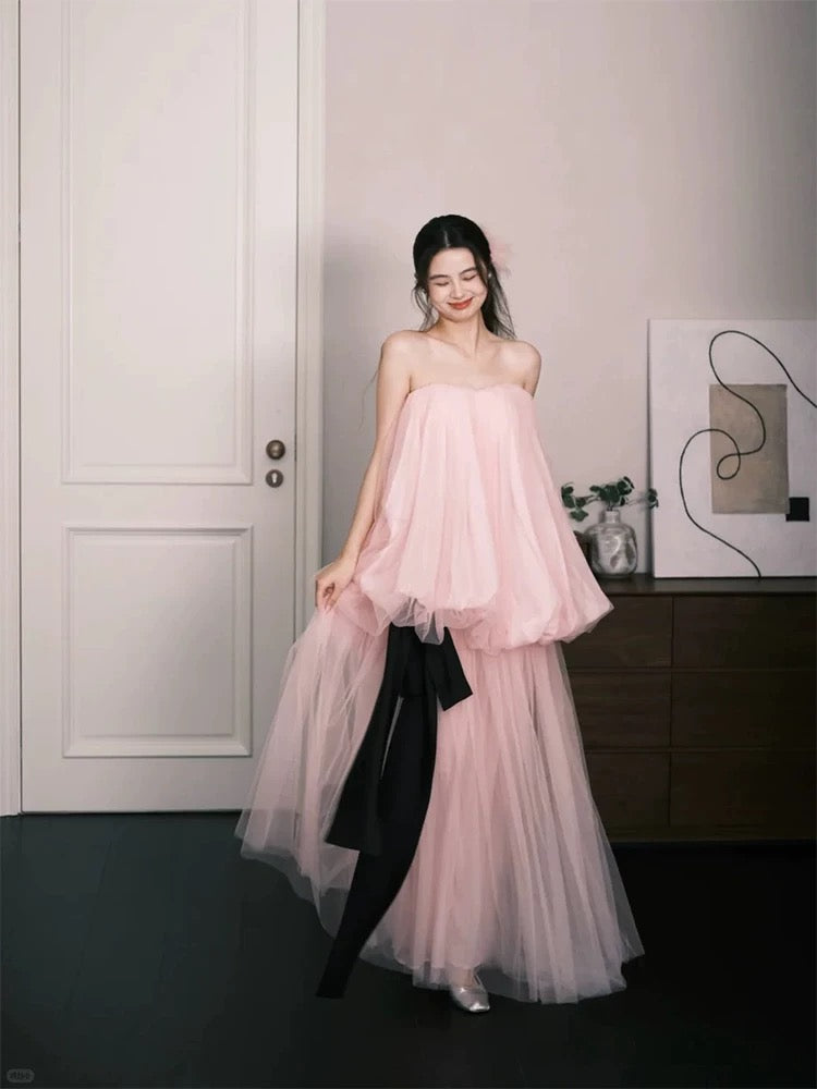 Robes de bal simples, ligne A, bustier, tulle rose, sans manches, robe de soirée femme N3179