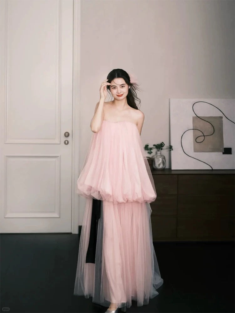Robes de bal simples, ligne A, bustier, tulle rose, sans manches, robe de soirée femme N3179
