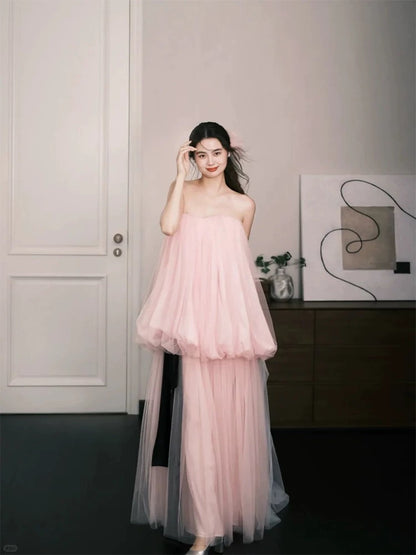 Robes de bal simples, ligne A, bustier, tulle rose, sans manches, robe de soirée femme N3179