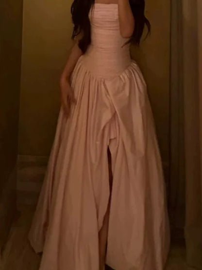 Robes de bal simples, bustier en satin rose sans manches, robe de soirée pour femme N3180