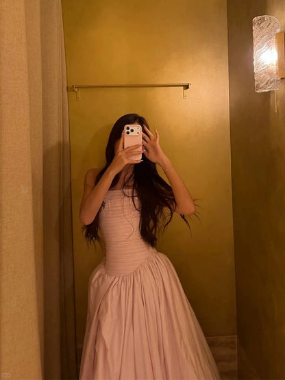 Robes de bal simples, bustier en satin rose sans manches, robe de soirée pour femme N3180