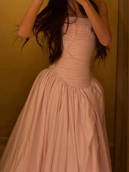 Robes de bal simples, bustier en satin rose sans manches, robe de soirée pour femme N3180