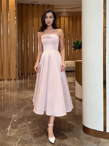 Robe de Soirée Modeste Longueur Cheville Ligne A Sans Bretelles en Satin Rose pour Invité de Mariage Formel Printemps Été Plage N3492