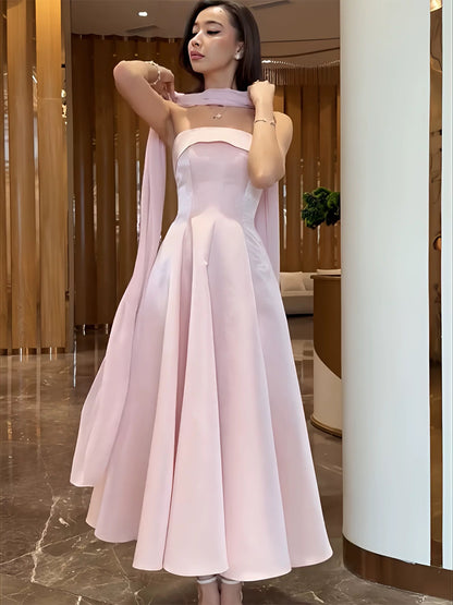 Robe de Soirée Modeste Longueur Cheville Ligne A Sans Bretelles en Satin Rose pour Invité de Mariage Formel Printemps Été Plage N3492