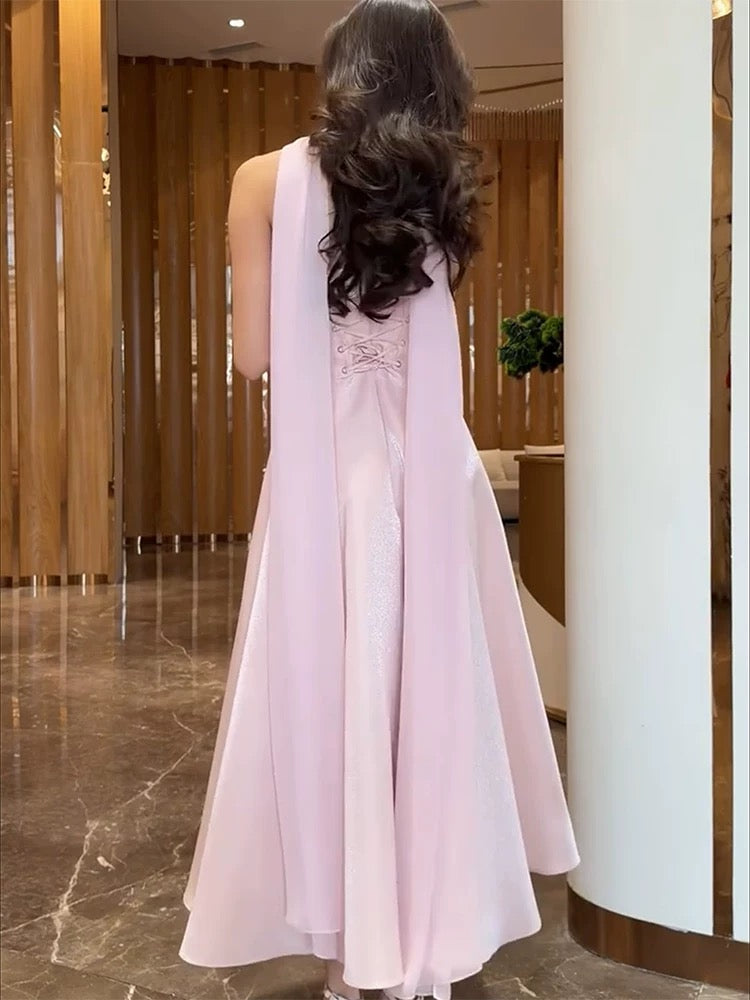Robe de Soirée Modeste Longueur Cheville Ligne A Sans Bretelles en Satin Rose pour Invité de Mariage Formel Printemps Été Plage N3492