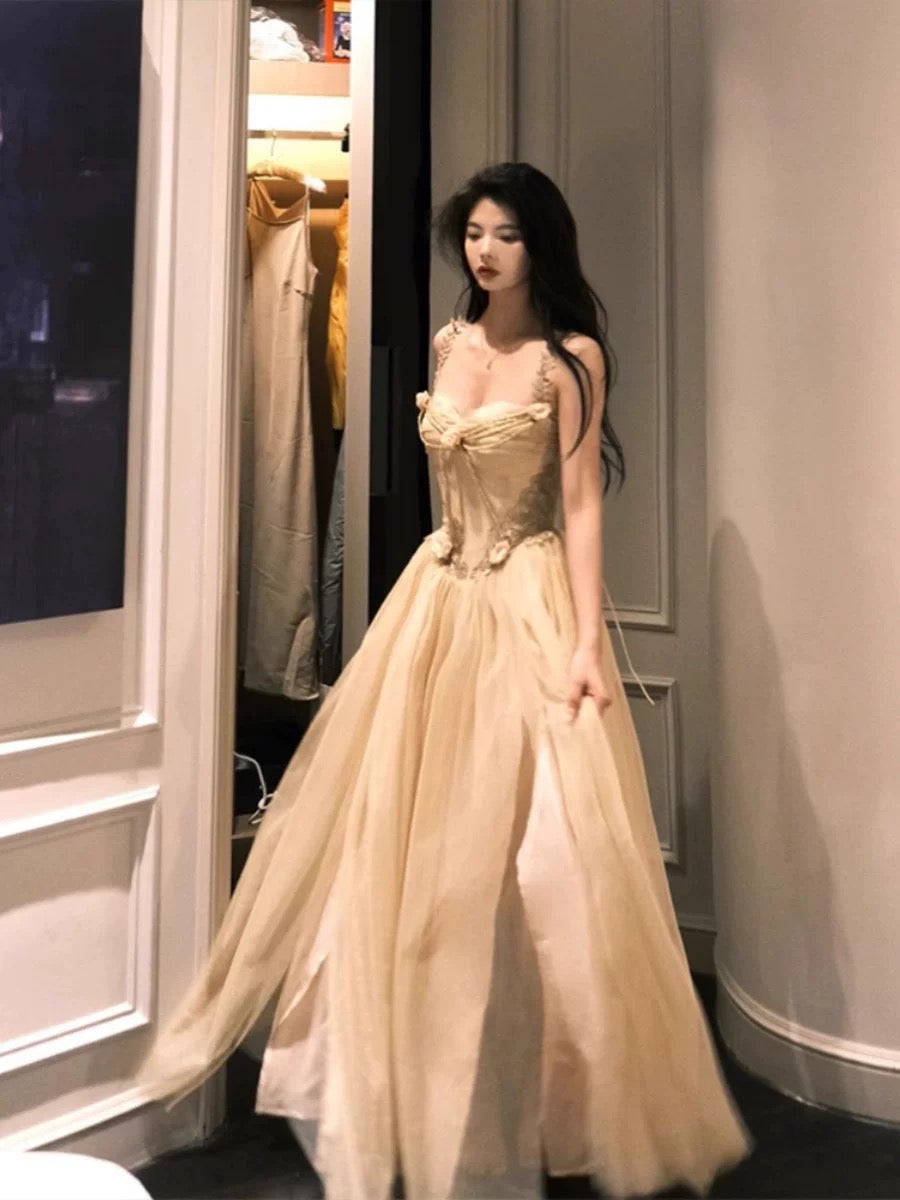 Modeste robe de soirée longue en tulle couleur champagne, coupe trapèze, à fines bretelles, pour le printemps, l'été, la plage, cérémonie, invitée de mariage N3495
