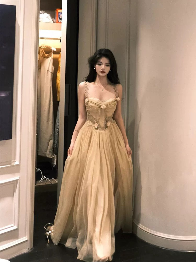 Modeste robe de soirée longue en tulle couleur champagne, coupe trapèze, à fines bretelles, pour le printemps, l'été, la plage, cérémonie, invitée de mariage N3495