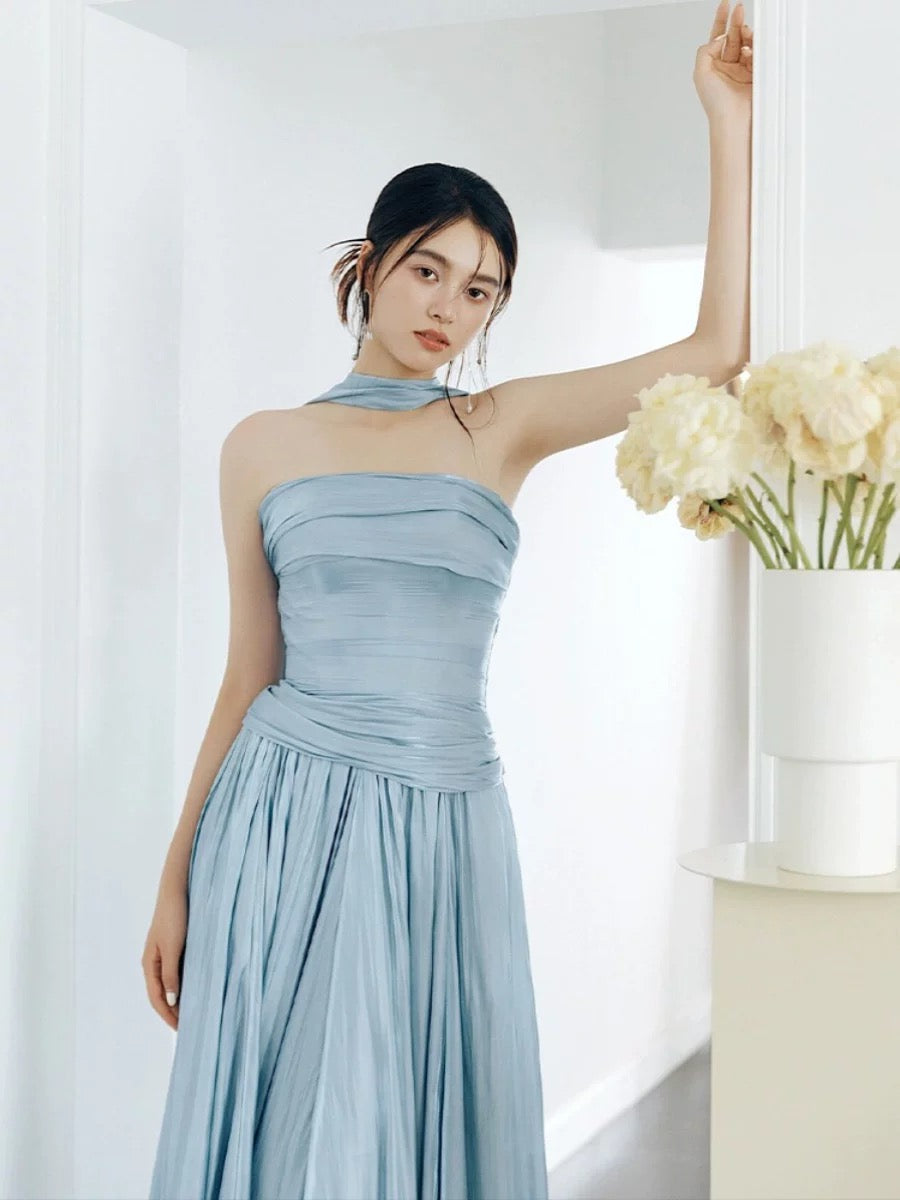 Robe de soirée bustier longue en satin bleu ciel modeste avec écharpe pour mariage formel d'été à la plage N3497