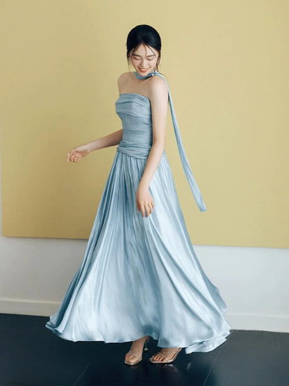 Robe de soirée bustier longue en satin bleu ciel modeste avec écharpe pour mariage formel d'été à la plage N3497
