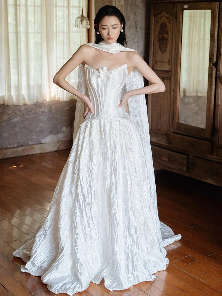 Einfache Hochzeitskleider Ballkleid Trägerlos Weiß Satin Mit Schal Lange Brautkleid N3500