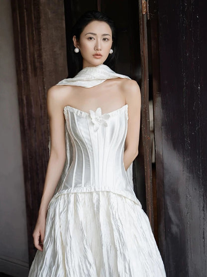 Einfache Hochzeitskleider Ballkleid Trägerlos Weiß Satin Mit Schal Lange Brautkleid N3500