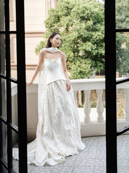 Einfache Hochzeitskleider Ballkleid Trägerlos Weiß Satin Mit Schal Lange Brautkleid N3500