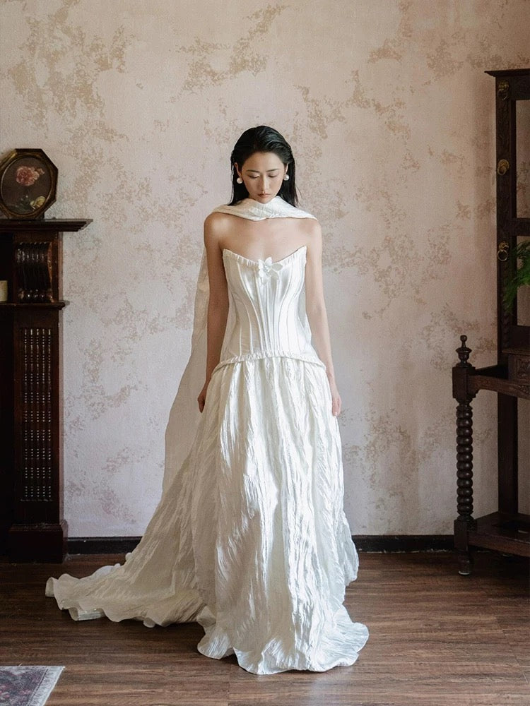 Einfache Hochzeitskleider Ballkleid Trägerlos Weiß Satin Mit Schal Lange Brautkleid N3500