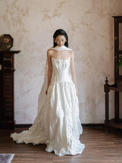 Einfache Hochzeitskleider Ballkleid Trägerlos Weiß Satin Mit Schal Lange Brautkleid N3500